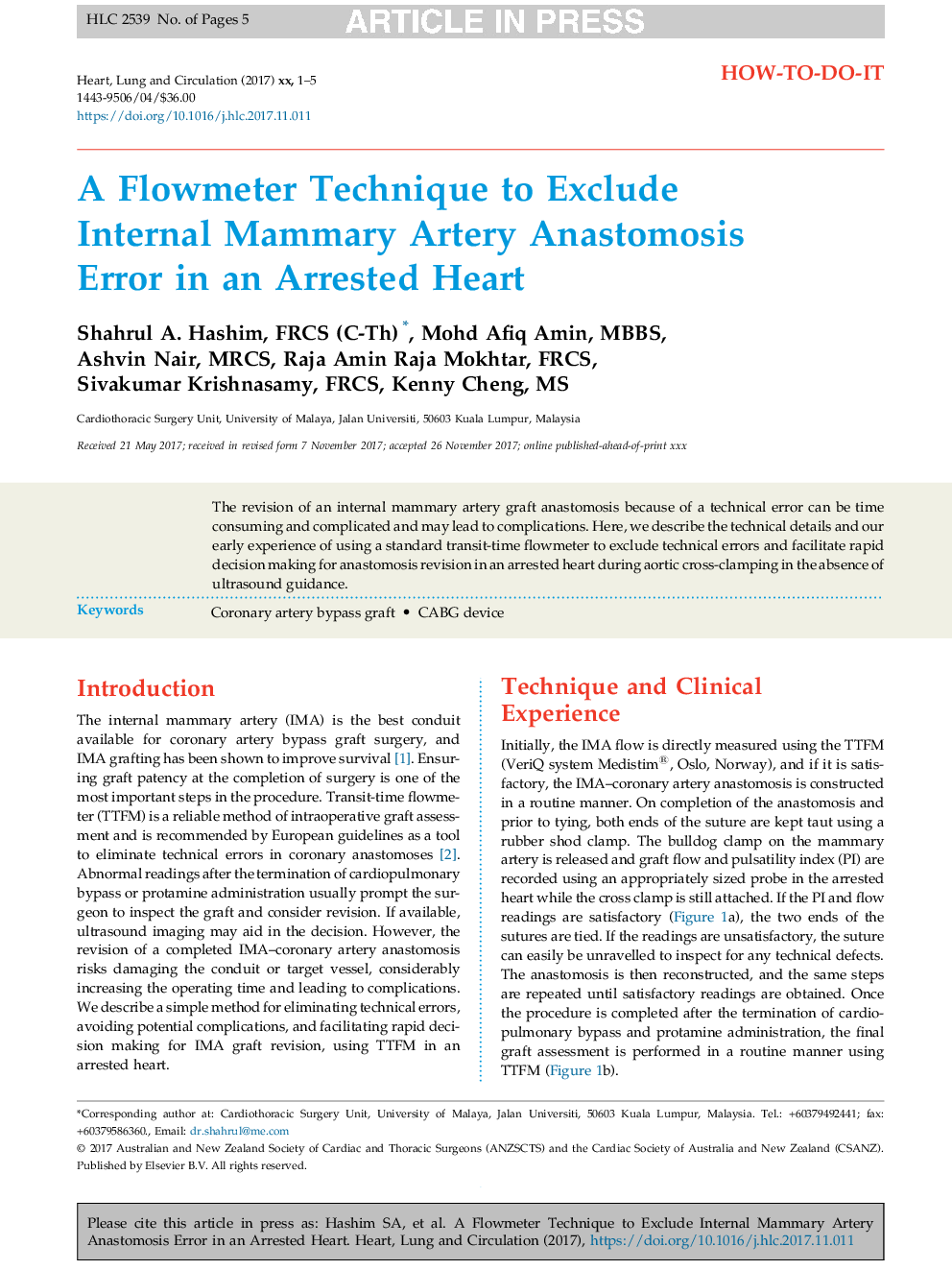 A Flowmeter Technique to Exclude Internal Mammary Artery Anastomosis Error in an Arrested Heart