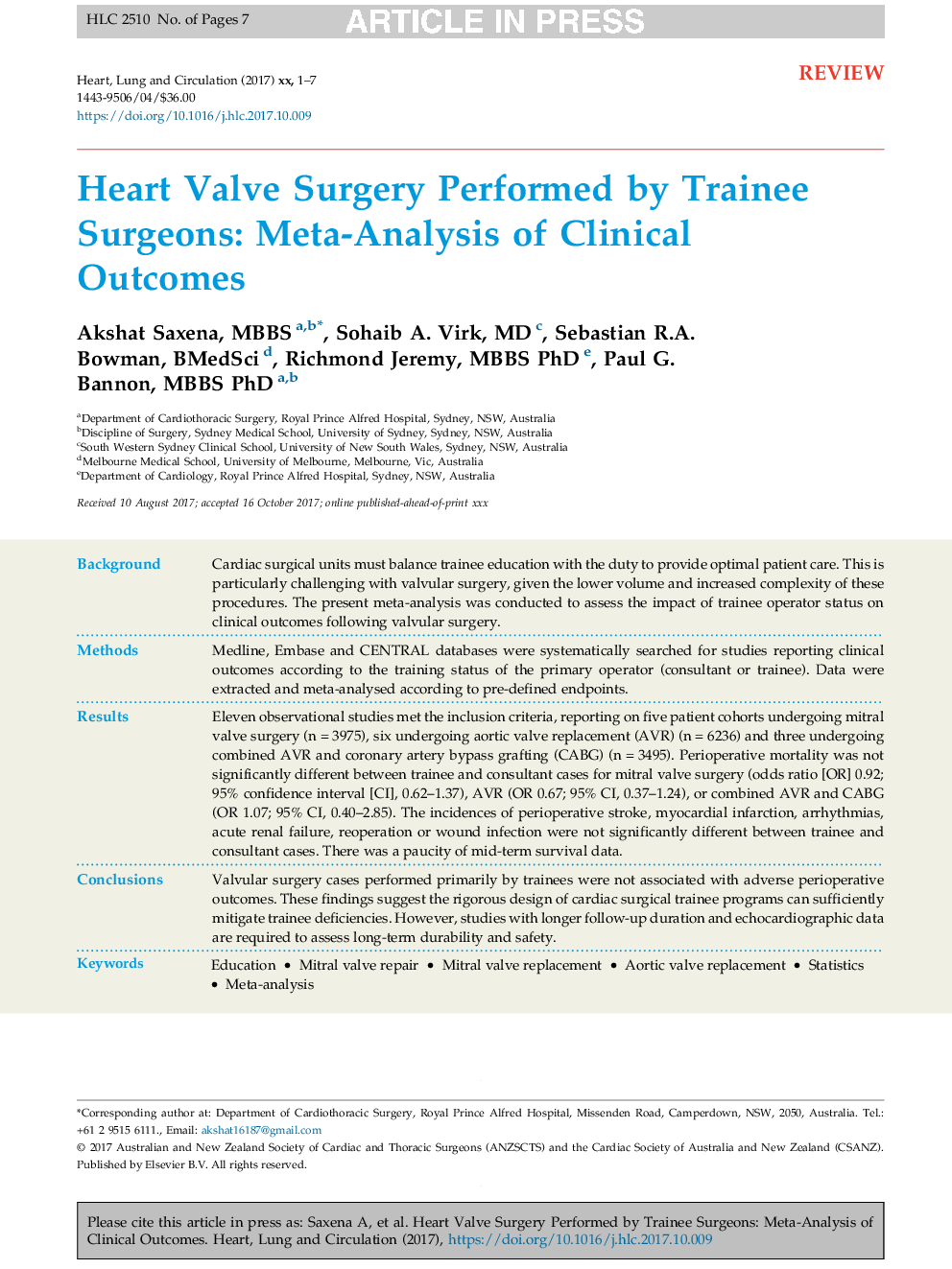 Heart Valve Surgery Performed by Trainee Surgeons: Meta-Analysis of Clinical Outcomes