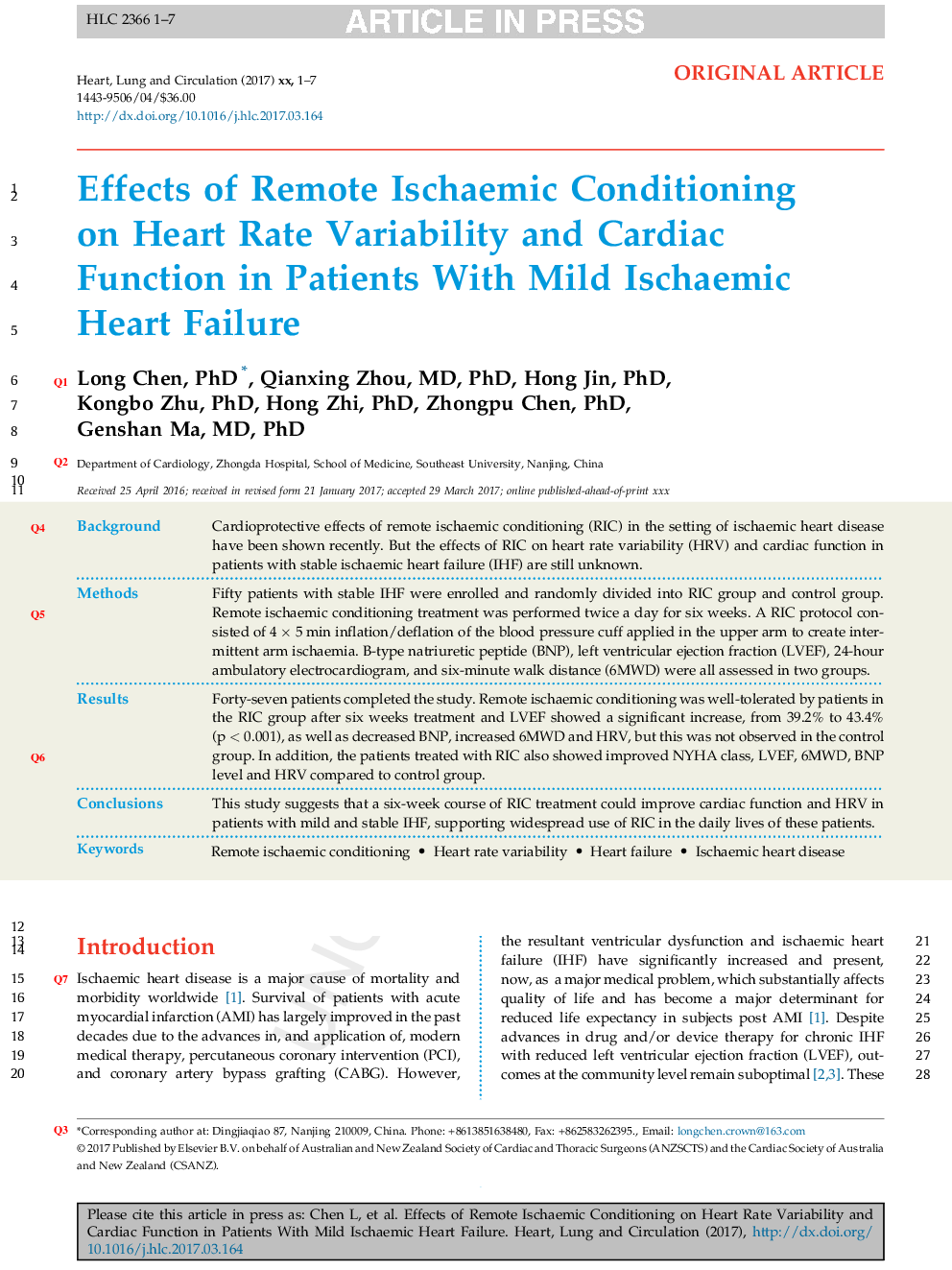 Effects of Remote Ischaemic Conditioning on Heart Rate Variability and Cardiac Function in Patients With Mild Ischaemic Heart Failure