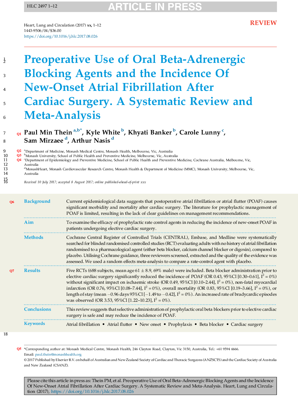 Preoperative Use of Oral Beta-Adrenergic Blocking Agents and the Incidence of New-Onset Atrial Fibrillation After Cardiac Surgery. A Systematic Review and Meta-Analysis