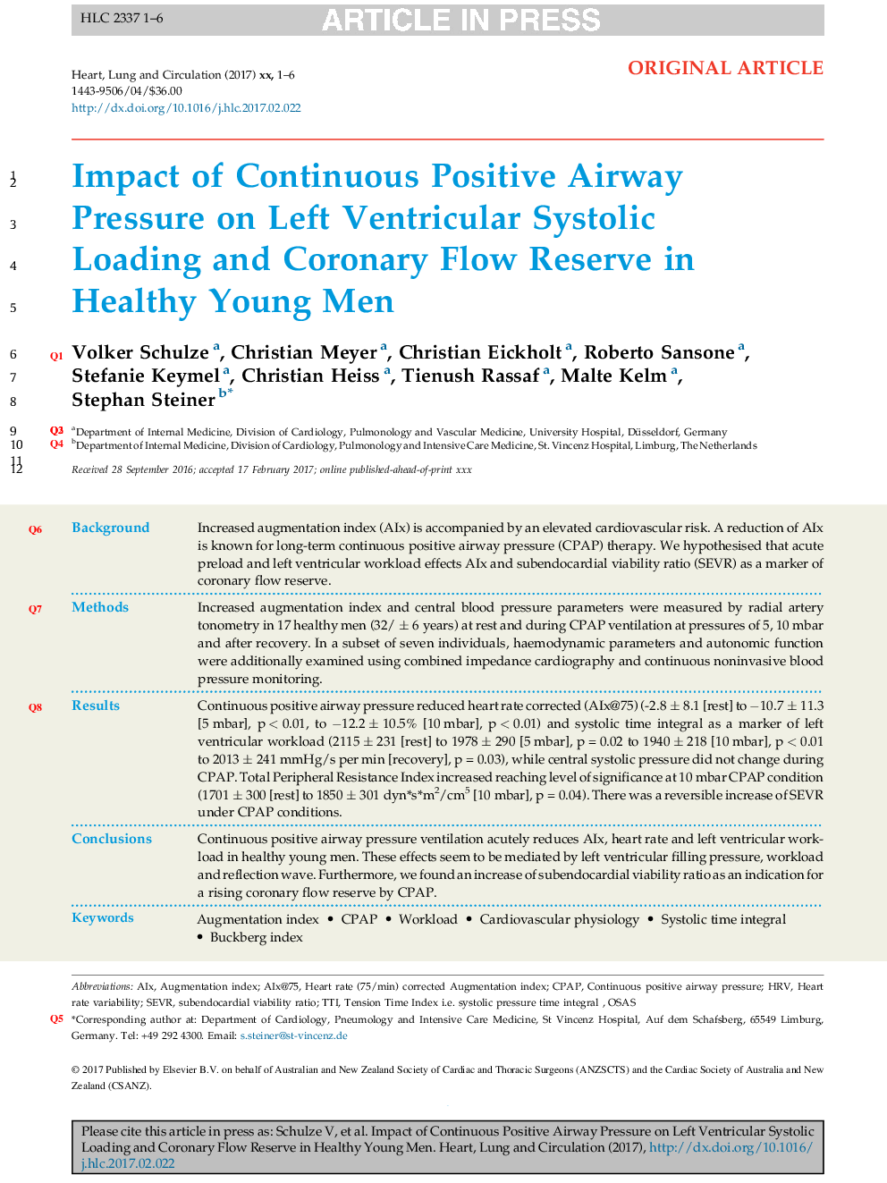 Impact of Continuous Positive Airway Pressure on Left Ventricular Systolic Loading and Coronary Flow Reserve in Healthy Young Men