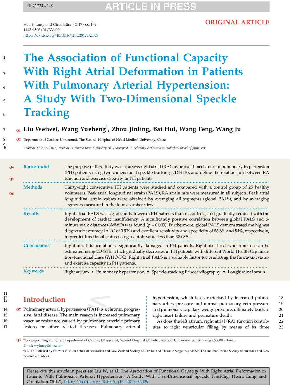 The Association of Functional Capacity With Right Atrial Deformation in Patients With Pulmonary Arterial Hypertension: A Study With Two-Dimensional Speckle Tracking