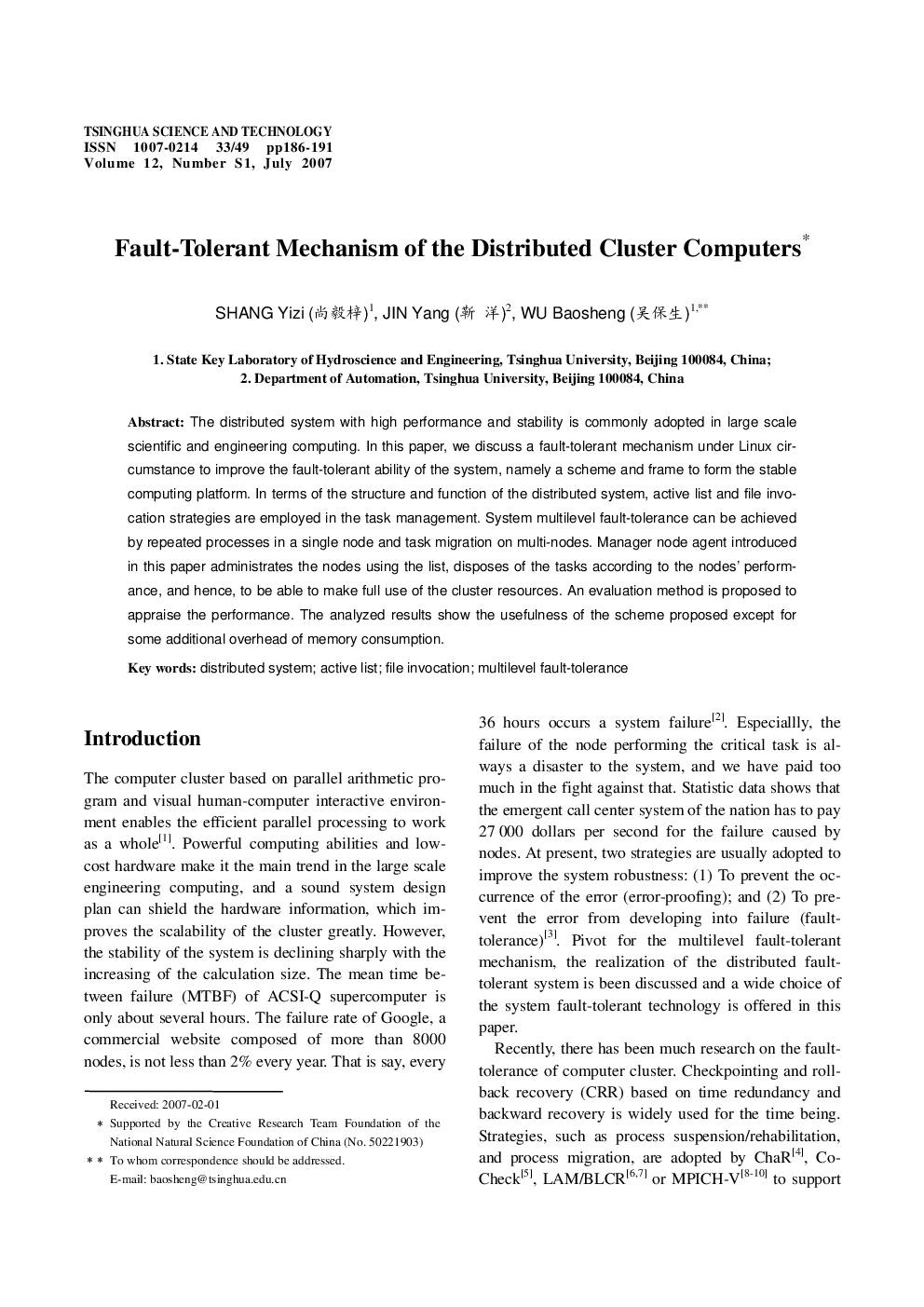 عکس صفحه اول مقاله: Fault-Tolerant Mechanism of the Distributed Cluster Computers Fault-Tolerant Mechanism of the Distributed Cluster Computers