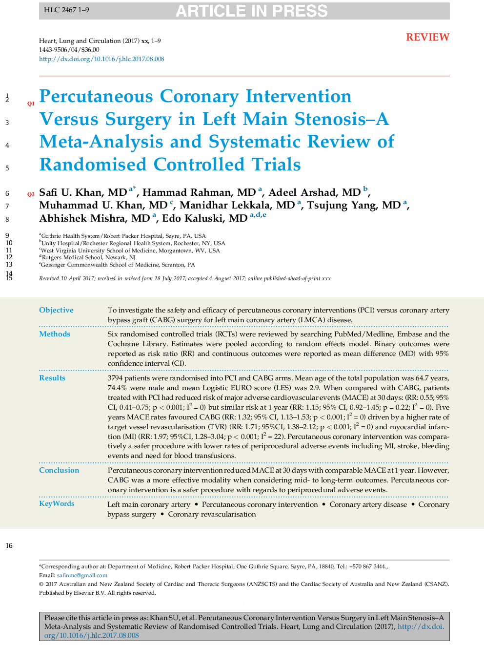 Percutaneous Coronary Intervention Versus Surgery in Left Main Stenosis-A Meta-Analysis and Systematic Review of Randomised Controlled Trials