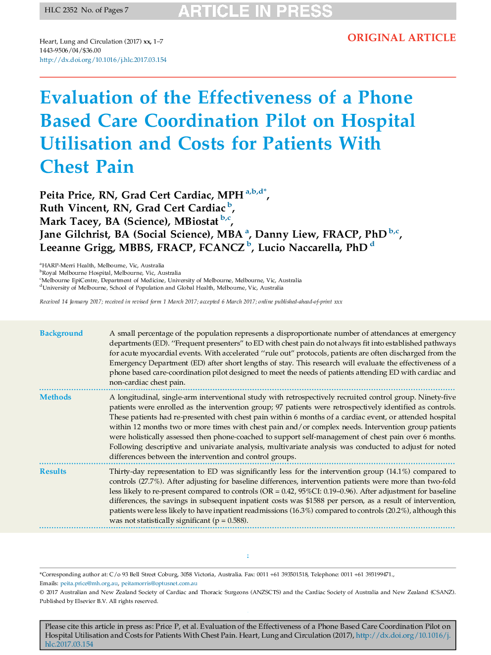 Evaluation of the Effectiveness of a Phone Based Care Coordination Pilot on Hospital Utilisation and Costs for Patients With Chest Pain