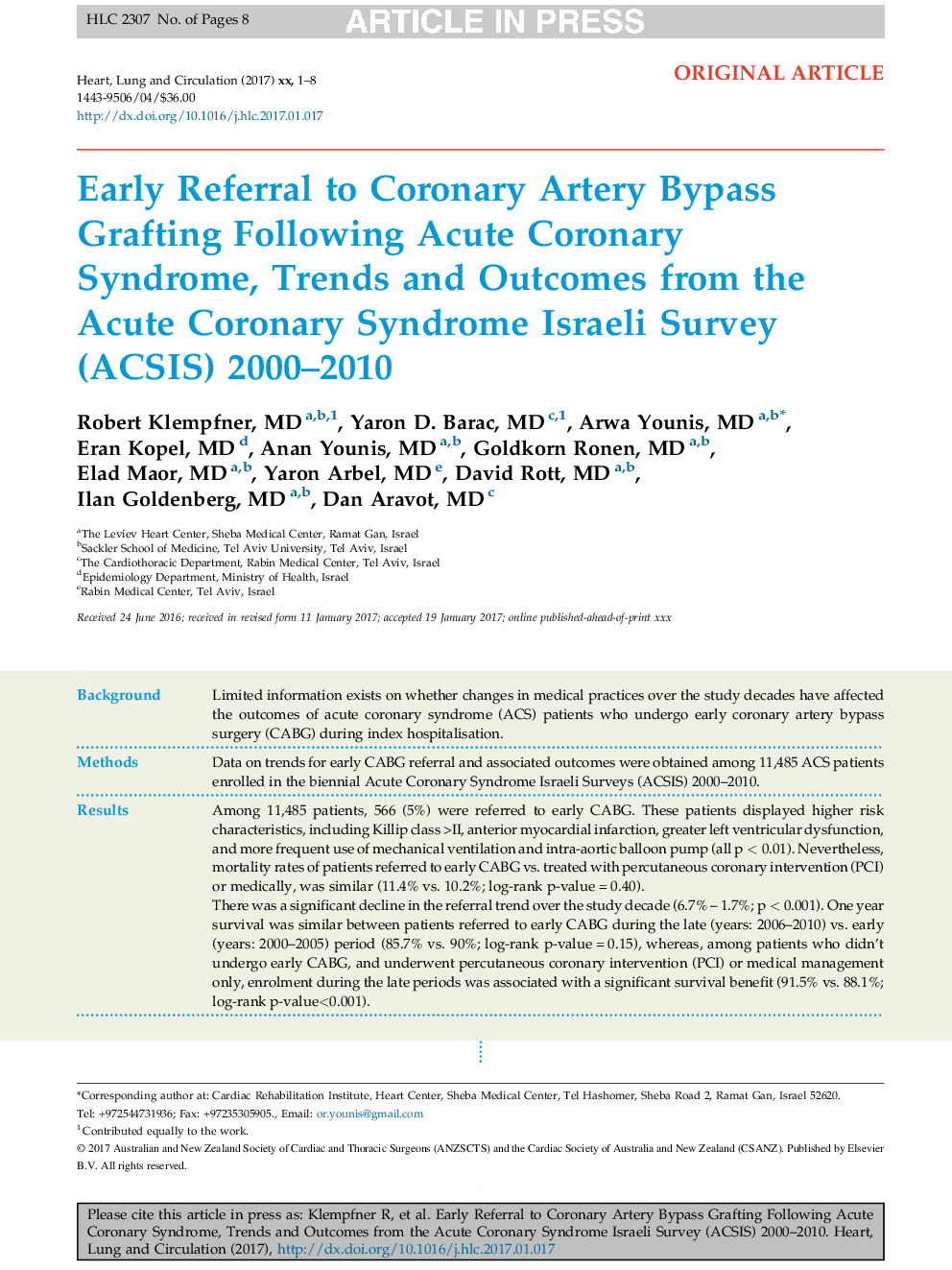 Early Referral to Coronary Artery Bypass Grafting Following Acute Coronary Syndrome, Trends and Outcomes from the Acute Coronary Syndrome Israeli Survey (ACSIS) 2000-2010