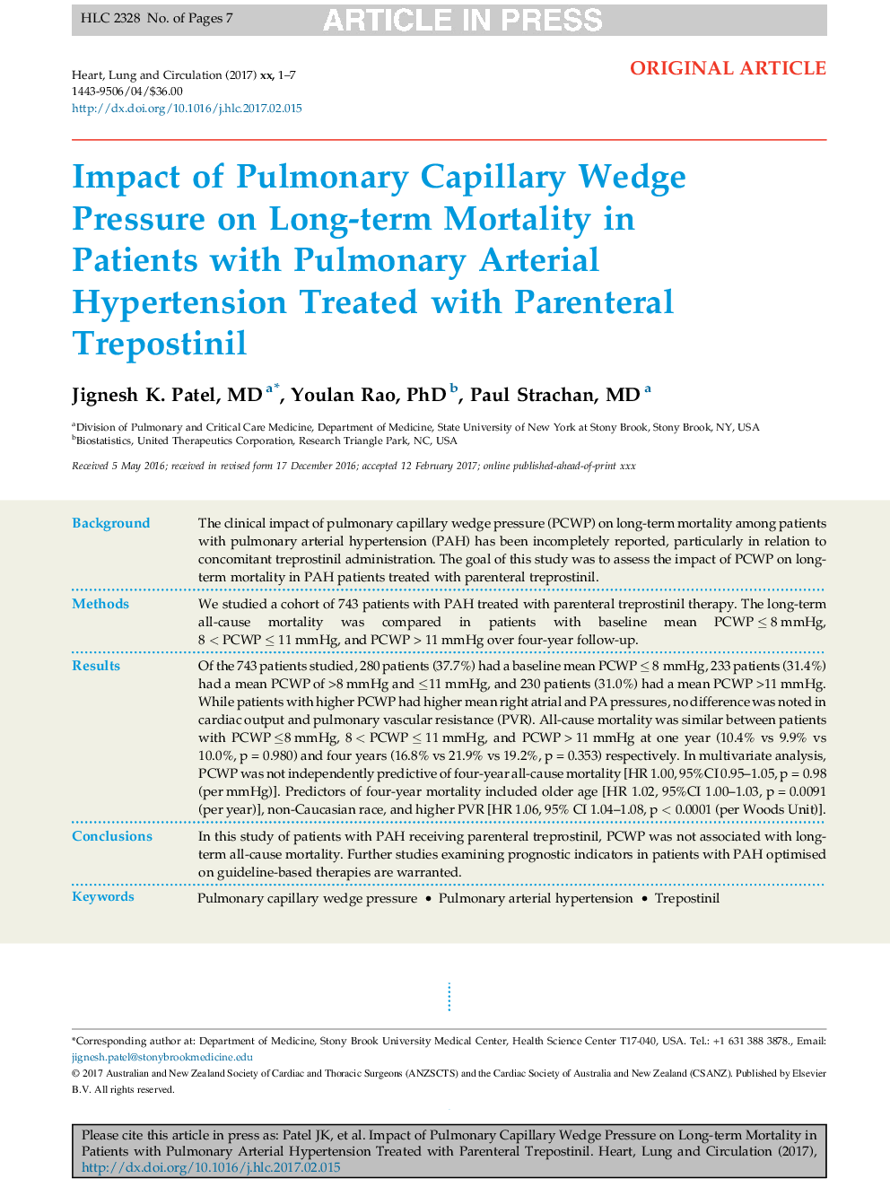 Impact of Pulmonary Capillary Wedge Pressure on Long-Term Mortality in Patients With Pulmonary Arterial Hypertension Treated With Parenteral Trepostinil