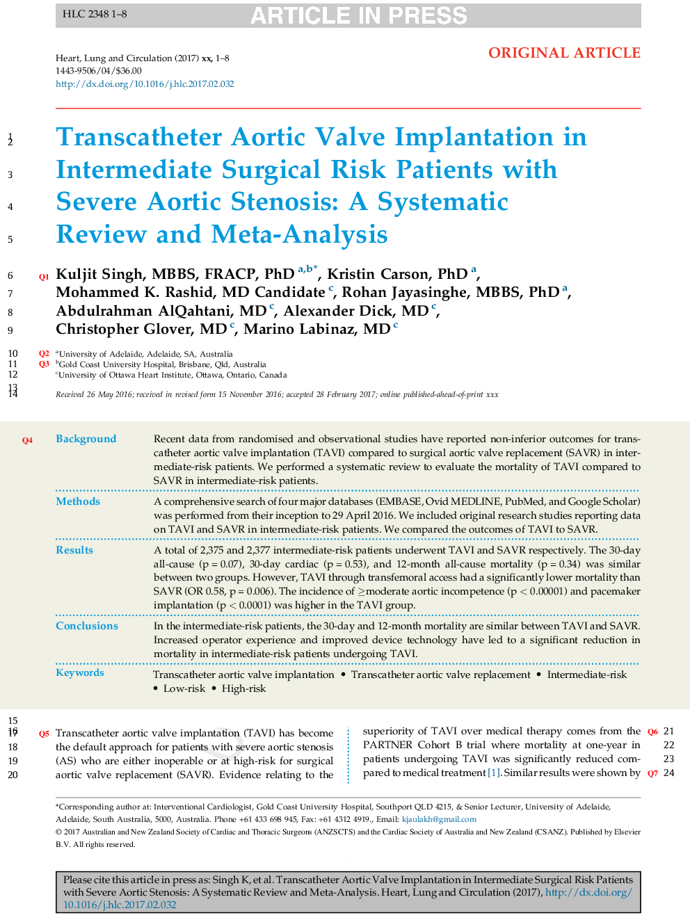Transcatheter Aortic Valve Implantation in Intermediate Surgical Risk Patients With Severe Aortic Stenosis: A Systematic Review and Meta-Analysis