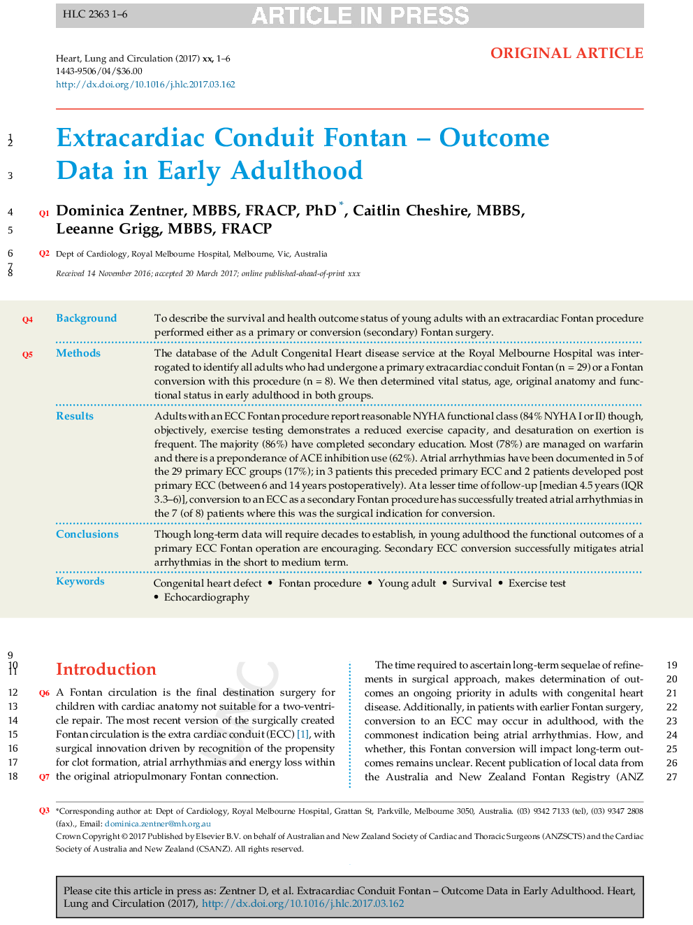 Extracardiac Conduit Fontan - Outcome Data in Early Adulthood