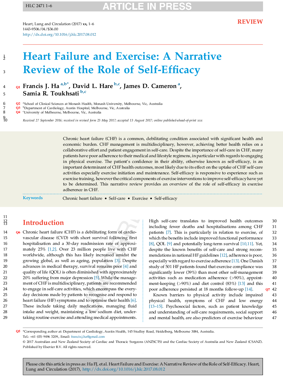 Heart Failure and Exercise: A Narrative Review of the Role of Self-Efficacy