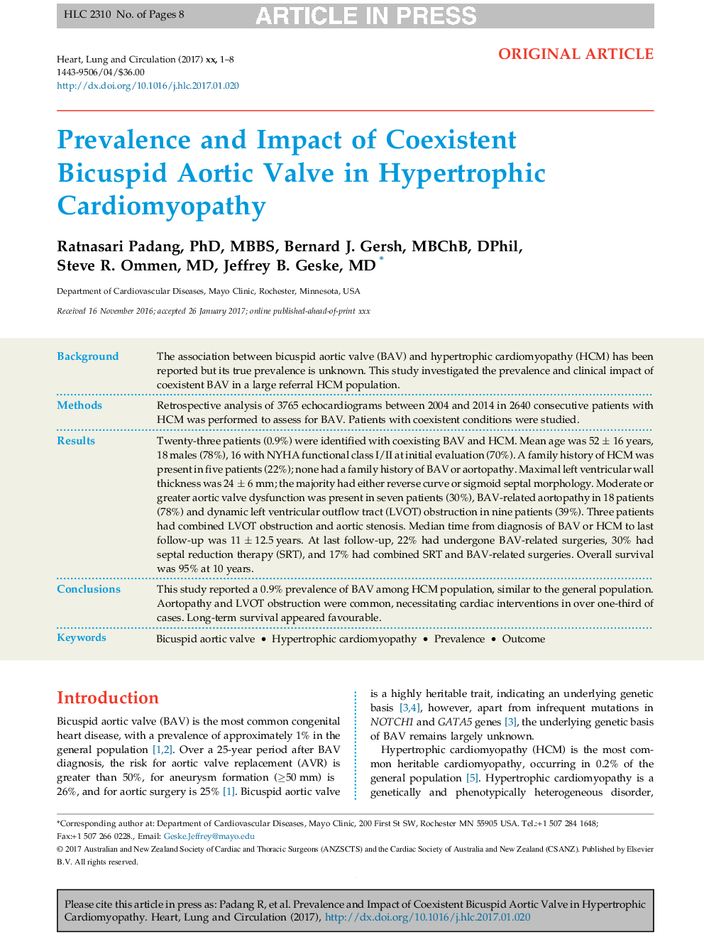 Prevalence and Impact of Coexistent Bicuspid Aortic Valve in Hypertrophic Cardiomyopathy