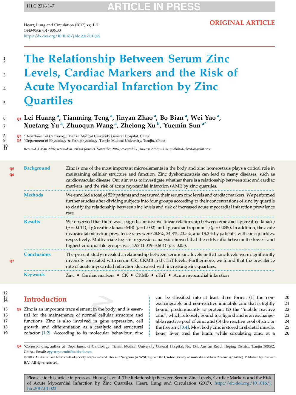 The Relationship Between Serum Zinc Levels, Cardiac Markers and the Risk of Acute Myocardial Infarction by Zinc Quartiles