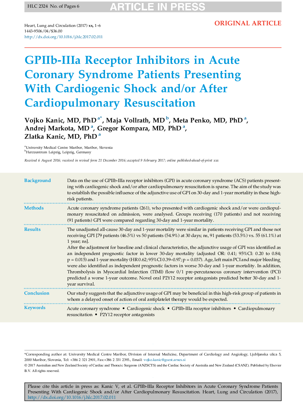 GPIIb-IIIa Receptor Inhibitors in Acute Coronary Syndrome Patients Presenting With Cardiogenic Shock and/or After Cardiopulmonary Resuscitation