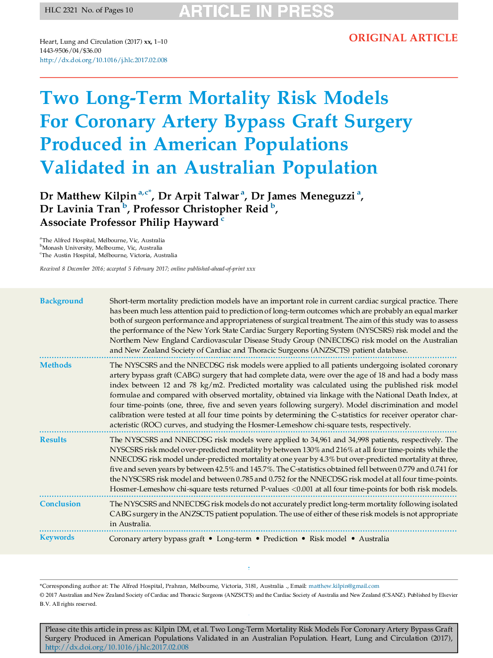 Two Long-Term Mortality Risk Models For Coronary Artery Bypass Graft Surgery Produced in American Populations Validated in an Australian Population
