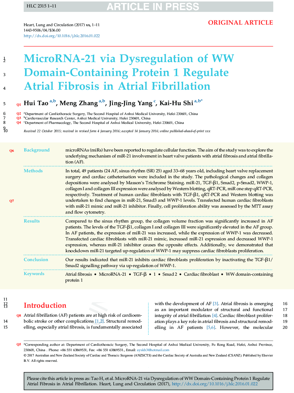MicroRNA-21 via Dysregulation of WW Domain-Containing Protein 1 Regulate Atrial Fibrosis in Atrial Fibrillation