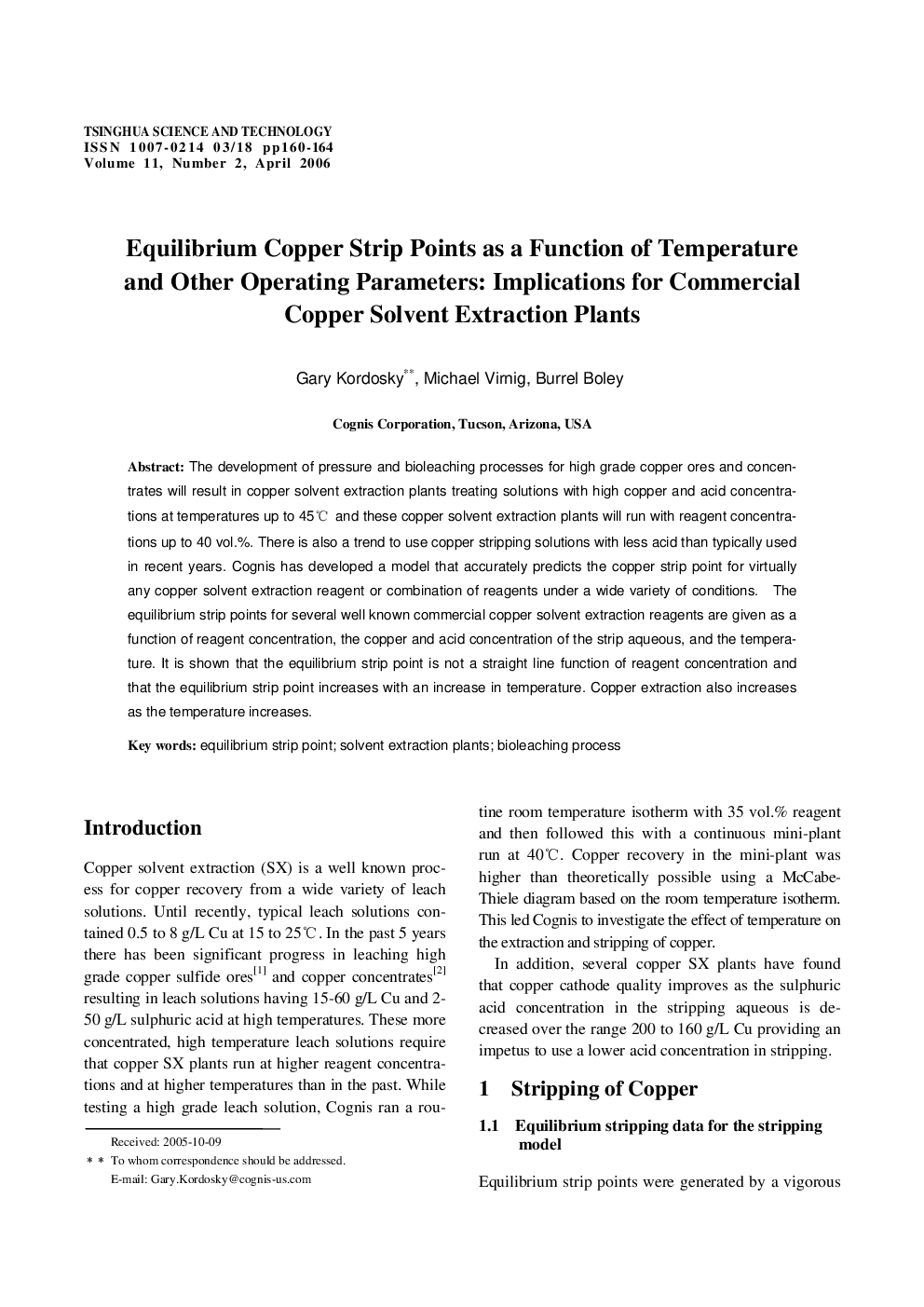 عکس صفحه اول مقاله: Equilibrium Copper Strip Points as a Function of Temperature and Other Operating Parameters: Implications for Commercial Copper Solvent Extraction Plants Equilibrium Copper Strip Points as a Function of Temperature and Other Operating Parameters: Implications for Commercial Copper Solvent Extraction Plants