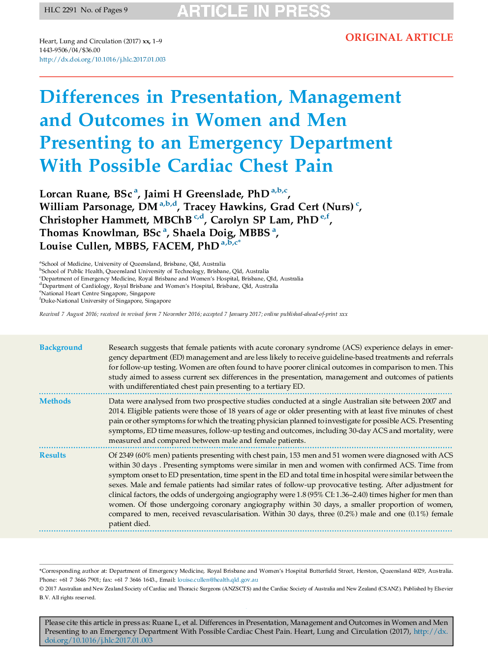 تفاوت در ارائه، مدیریت و نتایج زنان و مردان در حال ارائه به بخش اورژانس با امکان درد قفسه سینه قلبی 