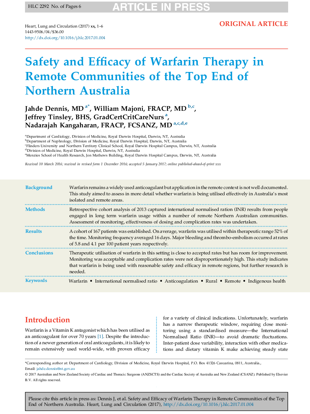 Safety and Efficacy of Warfarin Therapy in Remote Communities of the Top End of Northern Australia