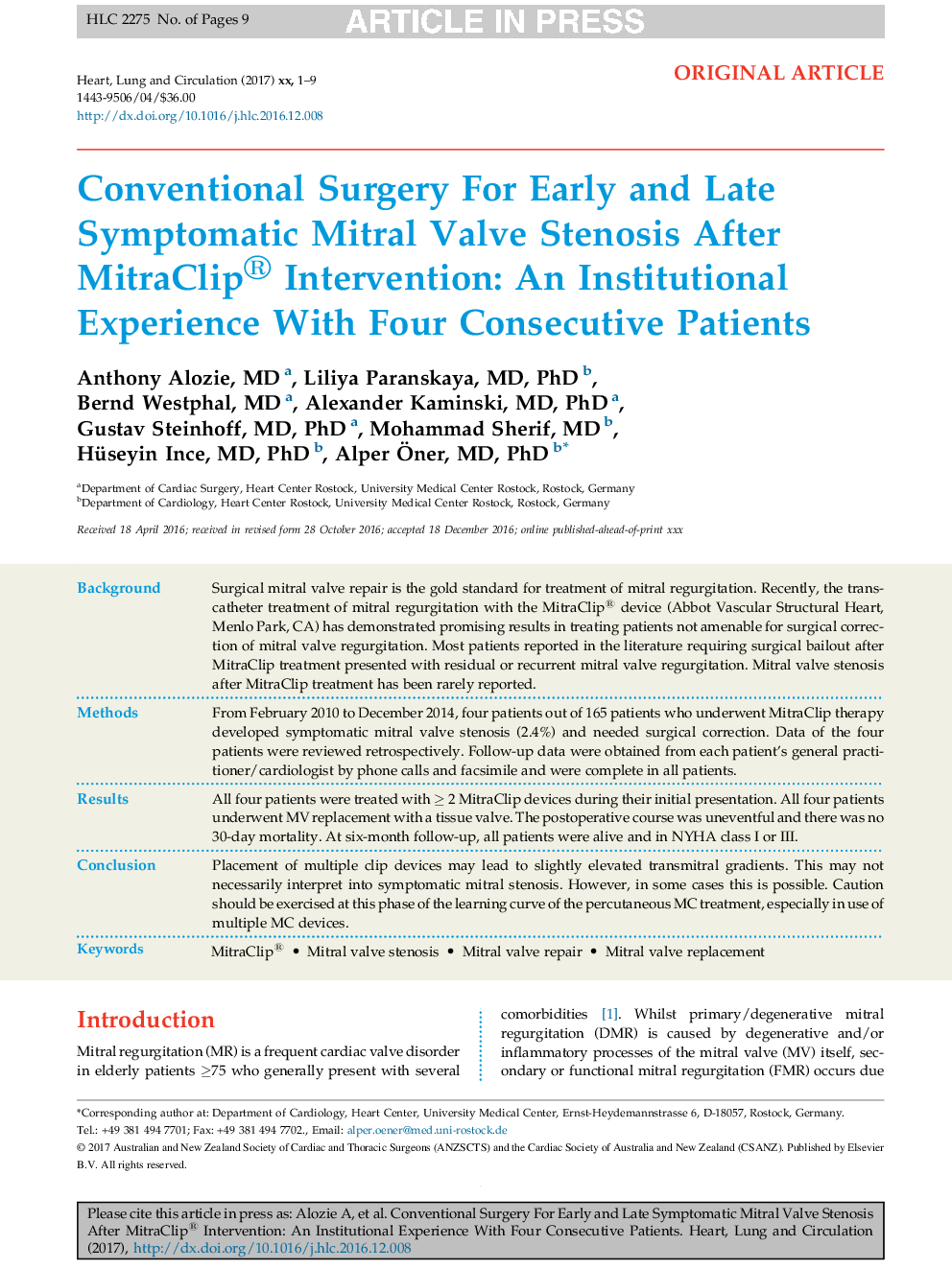 Conventional Surgery for Early and Late Symptomatic Mitral Valve Stenosis After MitraClip® Intervention: An Institutional Experience With Four Consecutive Patients