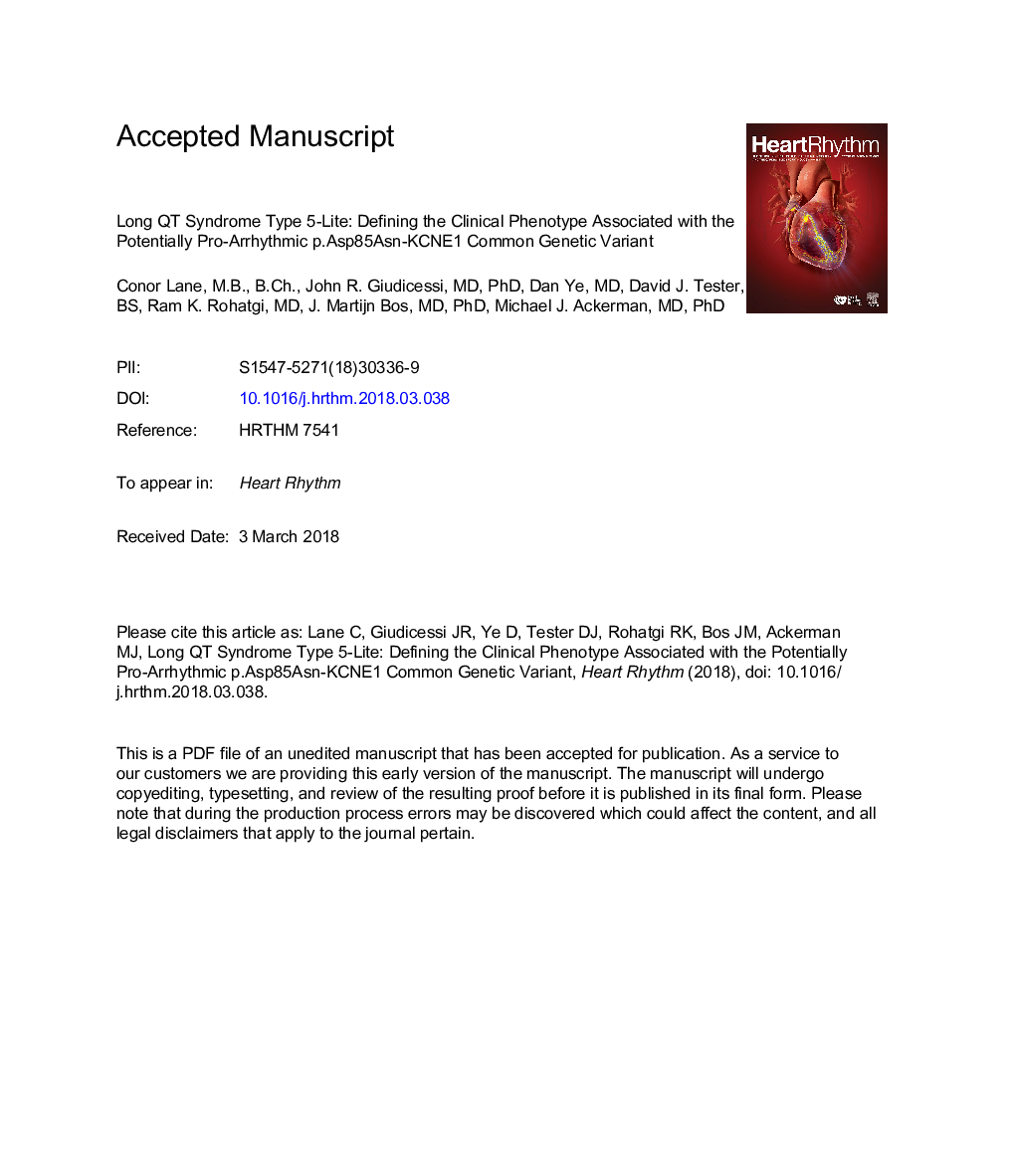 Long QT syndrome type 5-Lite: Defining the clinical phenotype associated with the potentially proarrhythmic p.Asp85Asn-KCNE1 common genetic variant