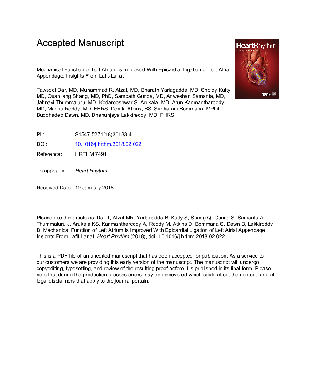 Mechanical function of the left atrium is improved with epicardial ligation of the left atrial appendage: Insights from the LAFIT-LARIAT Registry