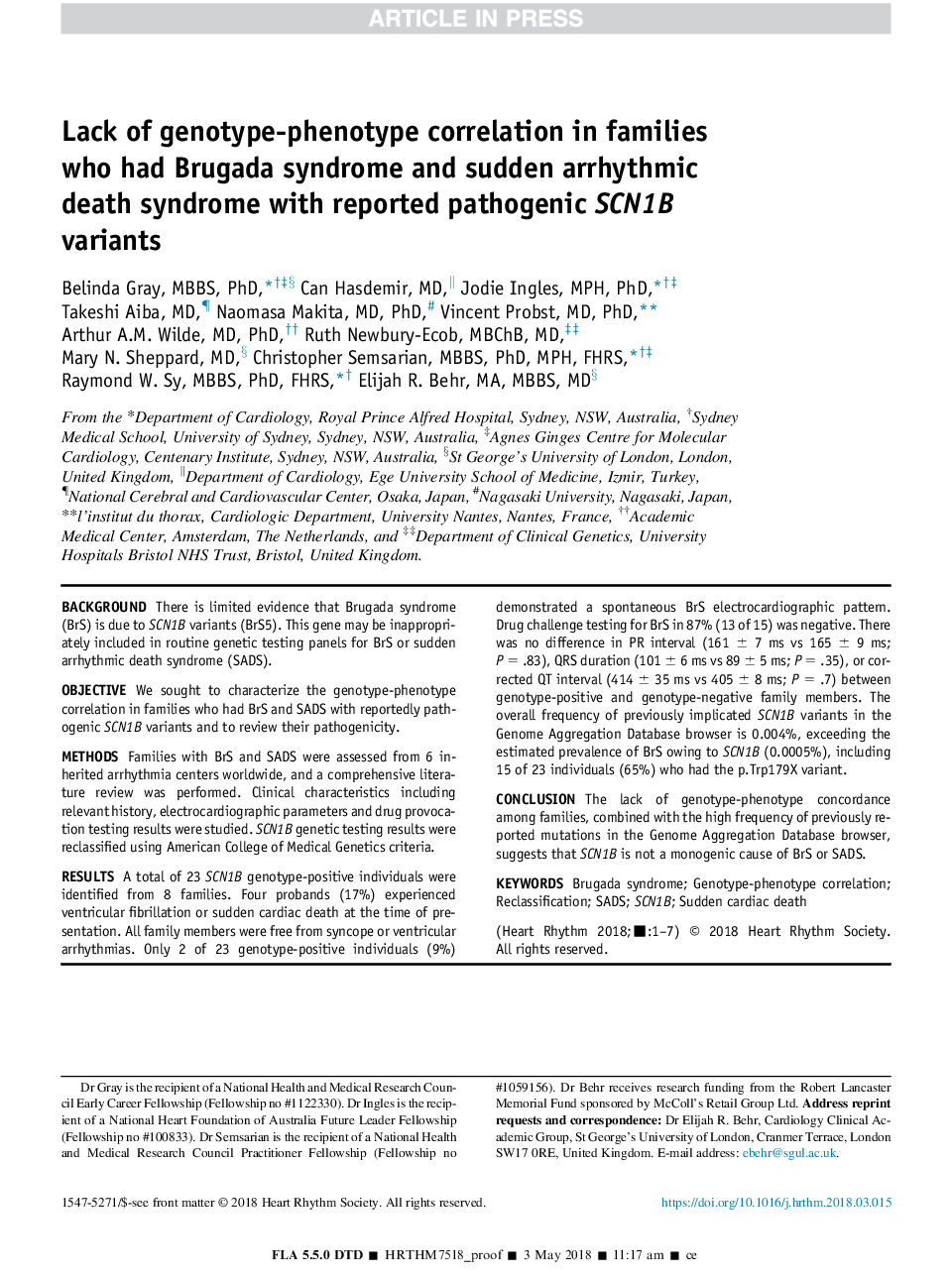 عکس صفحه اول مقاله: Lack of genotype-phenotype correlation in Brugada Syndrome and Sudden Arrhythmic Death Syndrome families with reported pathogenic SCN1B variants Lack of genotype-phenotype correlation in Brugada Syndrome and Sudden Arrhythmic Death Syndrome families with reported pathogenic SCN1B variants