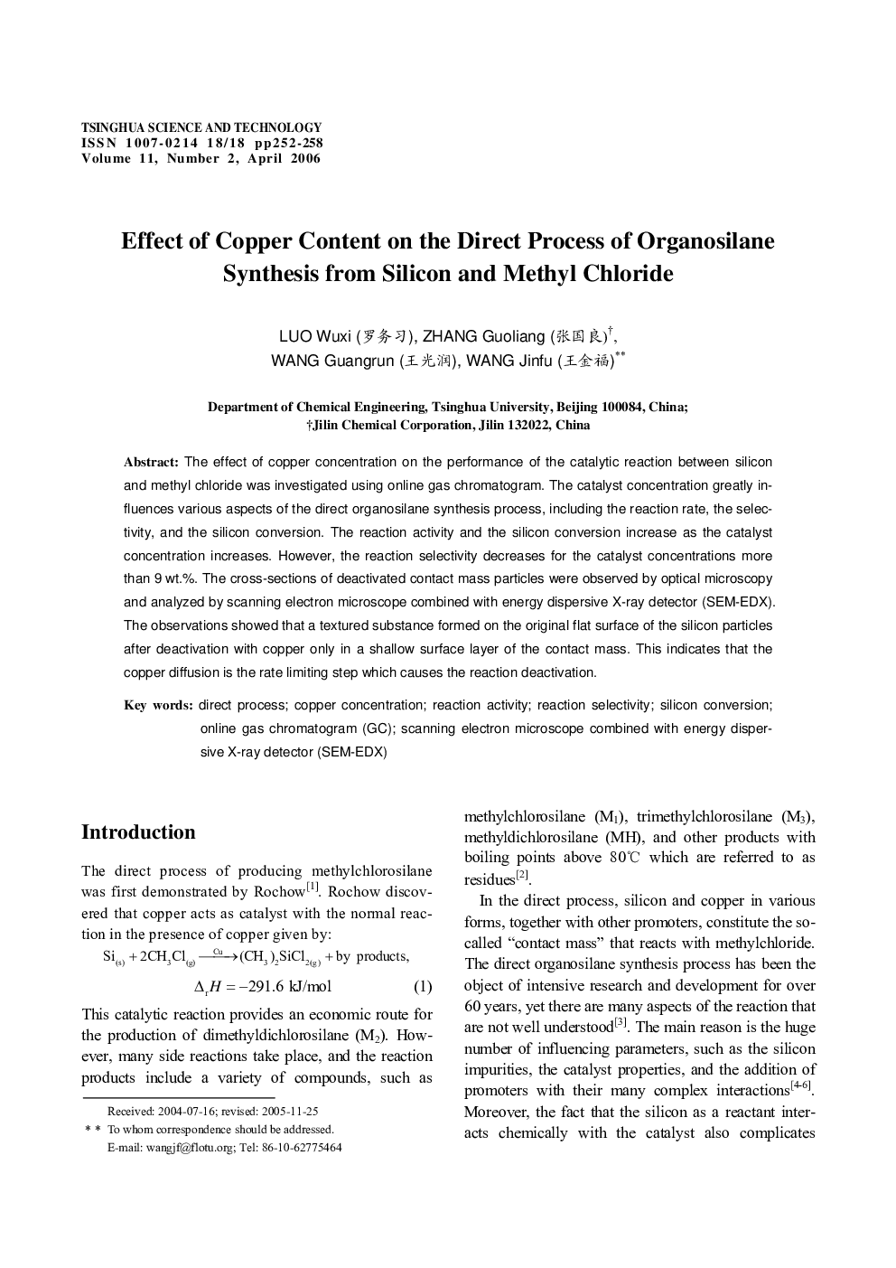 Effect of Copper Content on the Direct Process of Organosilane Synthesis from Silicon and Methyl Chloride