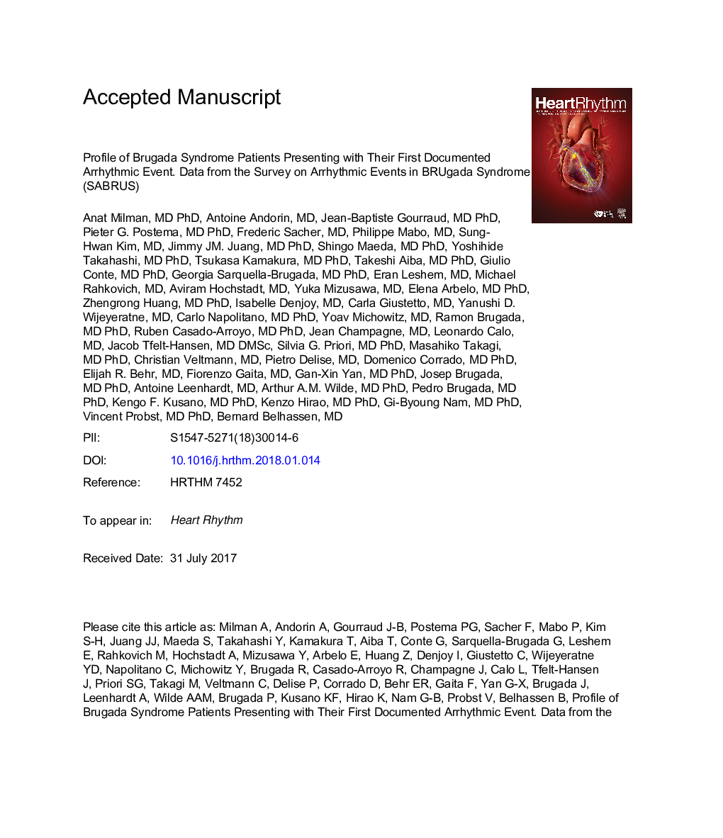 Profile of patients with Brugada syndrome presenting with their first documented arrhythmic event: Data from the Survey on Arrhythmic Events in BRUgada Syndrome (SABRUS)