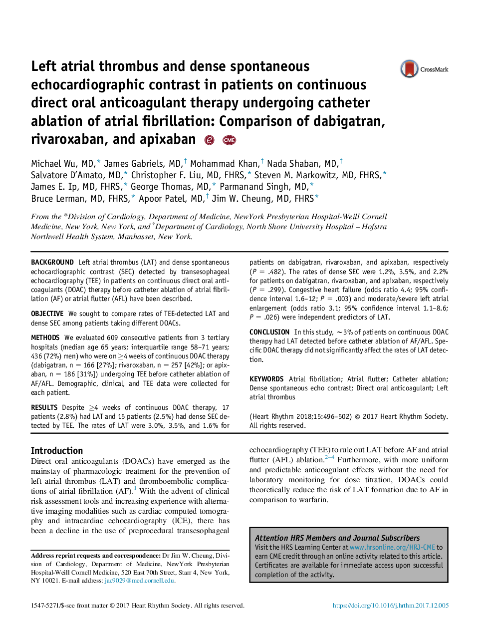 Left atrial thrombus and dense spontaneous echocardiographic contrast in patients on continuous direct oral anticoagulant therapy undergoing catheter ablation of atrial fibrillation: Comparison of dabigatran, rivaroxaban, and apixaban