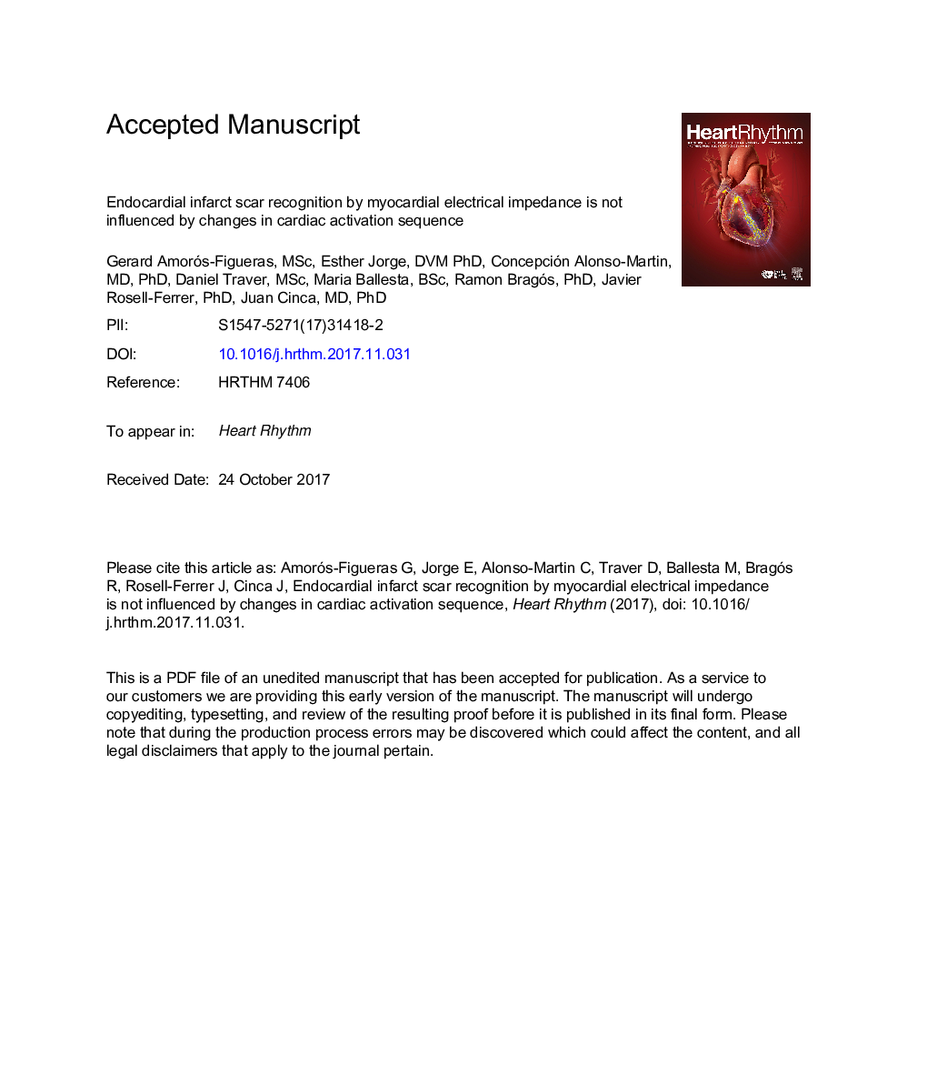 Endocardial infarct scar recognition by myocardial electrical impedance is not influenced by changes in cardiac activation sequence