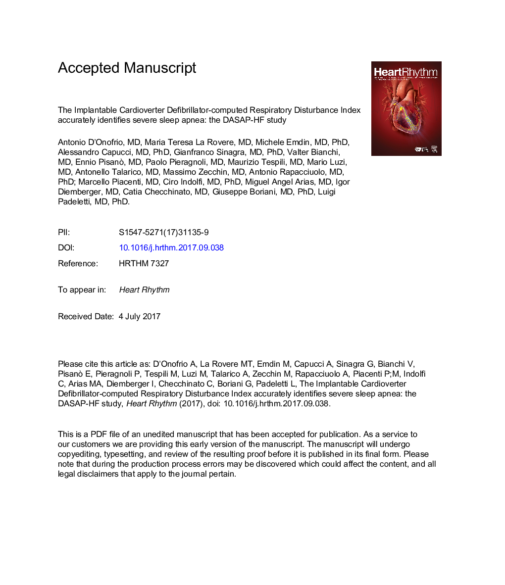 Implantable cardioverter-defibrillator-computed respiratory disturbance index accurately identifies severe sleep apnea: The DASAP-HF study