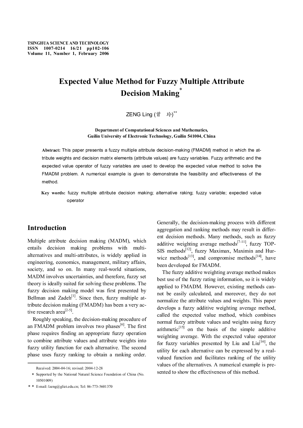 Expected Value Method for Fuzzy Multiple Attribute Decision Making