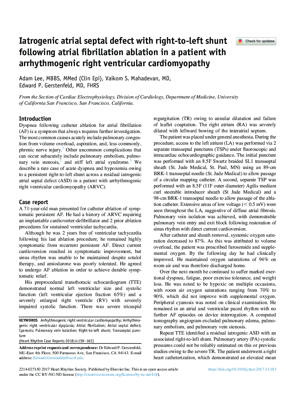Iatrogenic atrial septal defect with right-to-left shunt following atrial fibrillation ablation in a patient with arrhythmogenic right ventricular cardiomyopathy