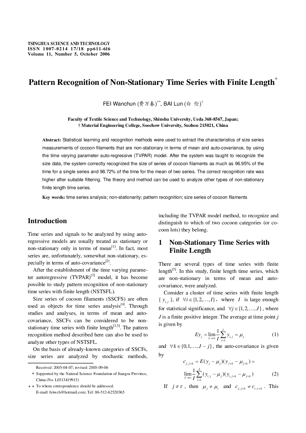 Pattern Recognition of Non-Stationary Time Series with Finite Length