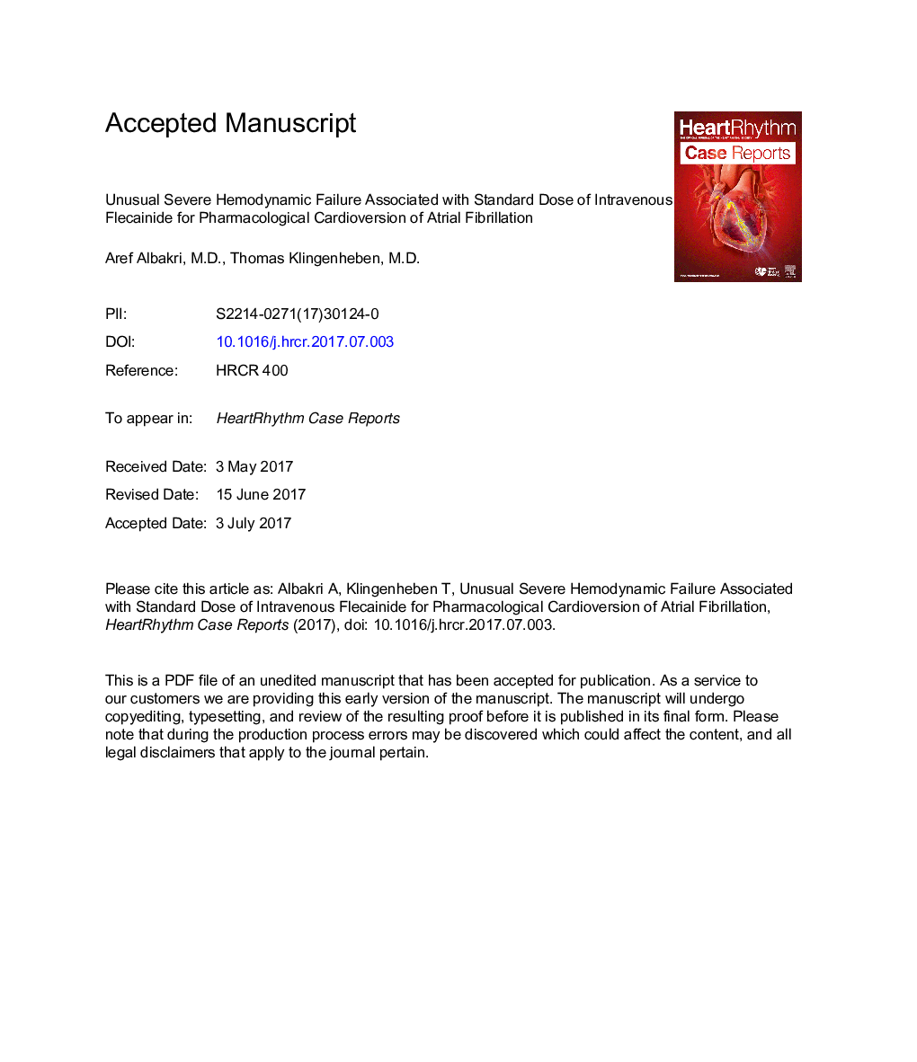 Unusual severe hemodynamic failure associated with standard dose of intravenous flecainide for pharmacological cardioversion of atrial fibrillation