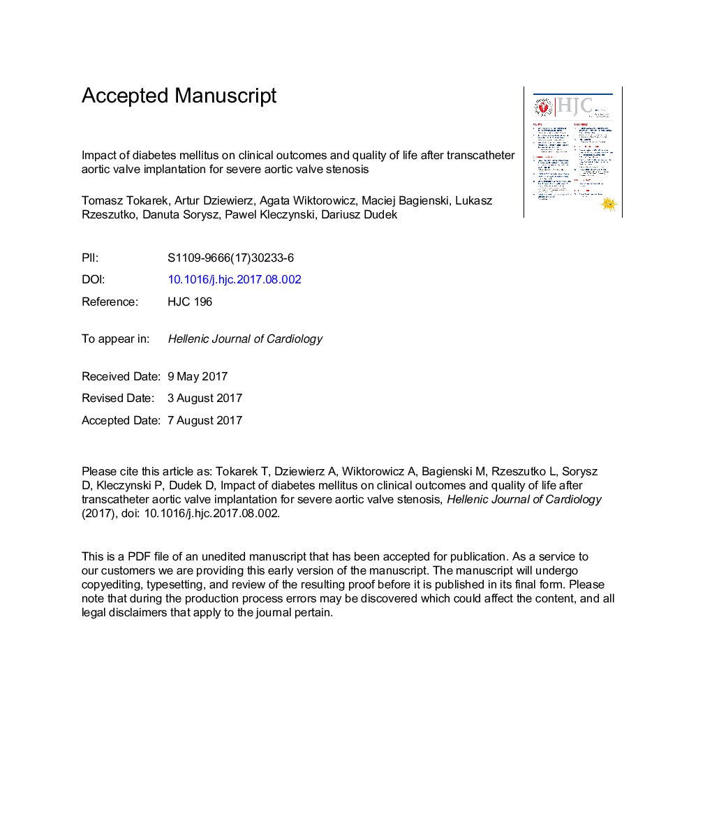 Effect of diabetes mellitus on clinical outcomes and quality of life after transcatheter aortic valve implantation for severe aortic valve stenosis