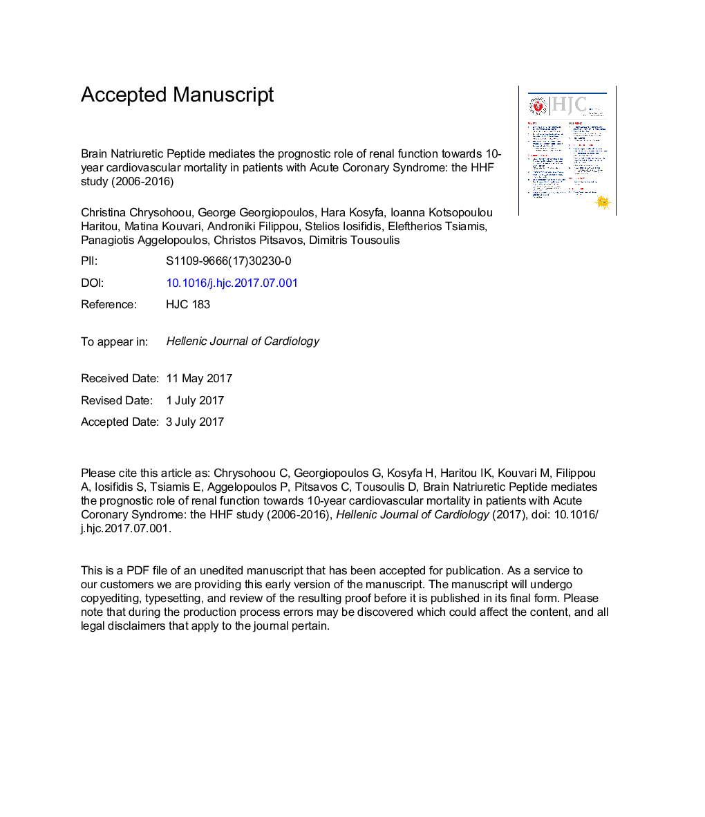 Brain Natriuretic Peptide mediates the prognostic role of renal function toward 10-year cardiovascular mortality in patients with Acute Coronary Syndrome: the HHF study (2006-2016)