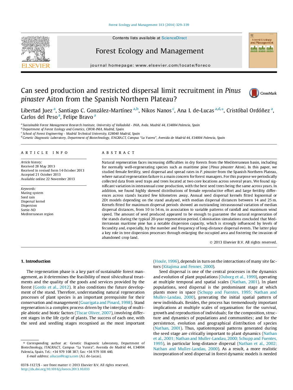 Can seed production and restricted dispersal limit recruitment in Pinus pinaster Aiton from the Spanish Northern Plateau?