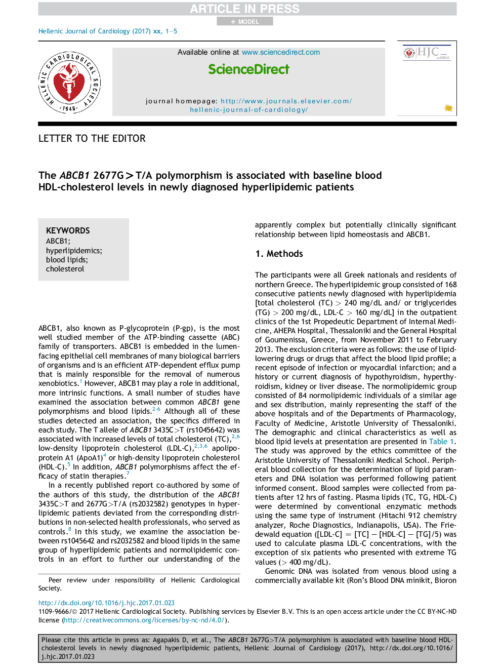 The ABCB1 2677G>T/A polymorphism is associated with baseline blood HDL-cholesterol levels in newly diagnosed hyperlipidemic patients