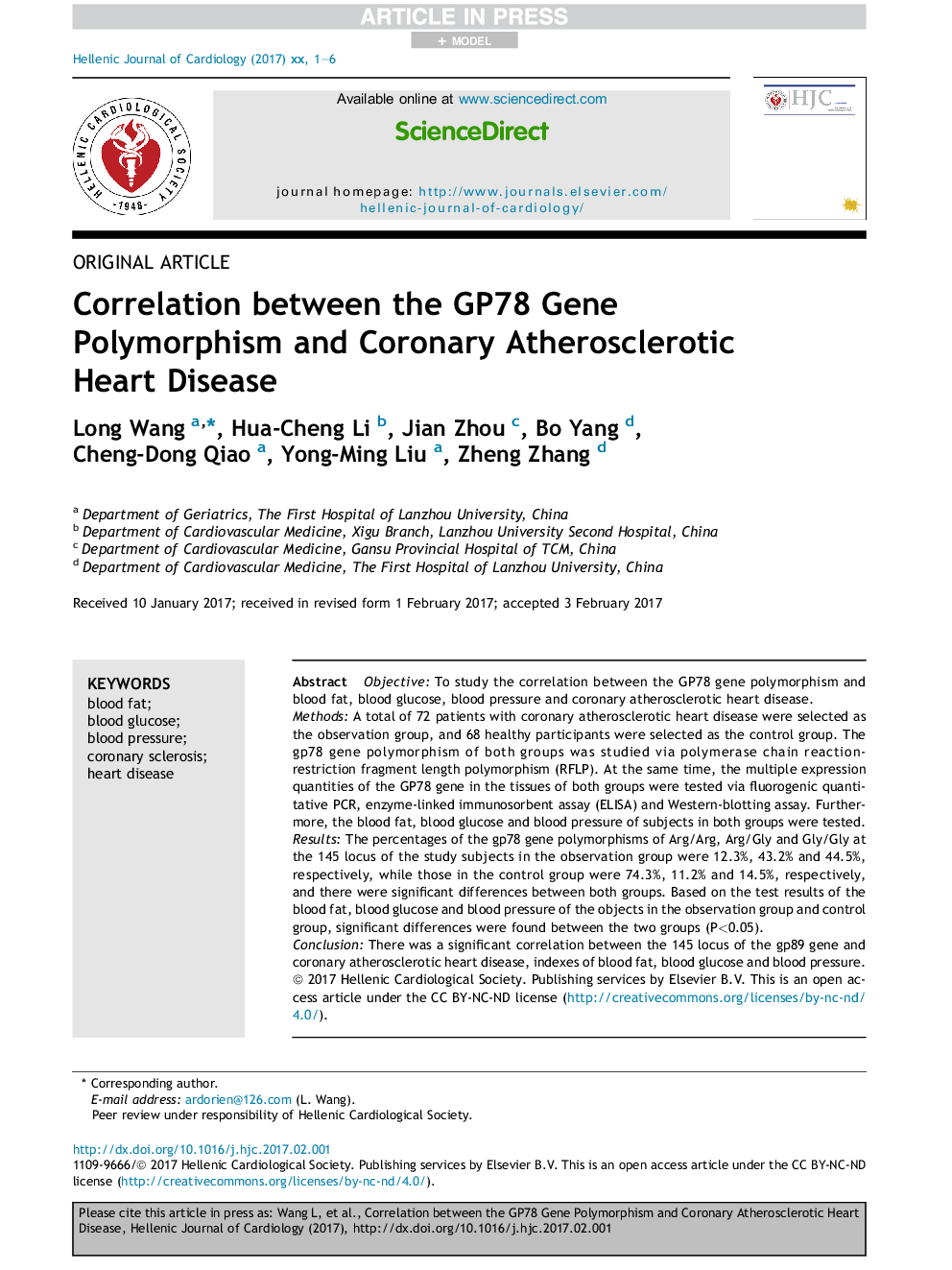 Correlation between the GP78 Gene Polymorphism and Coronary Atherosclerotic Heart Disease