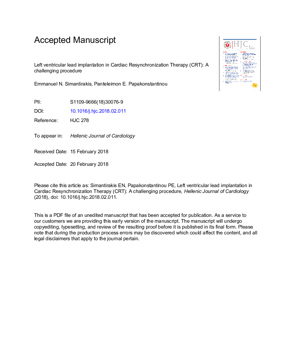 Left ventricular lead implantation in cardiac resynchronization therapyÂ (CRT): A challenging procedure