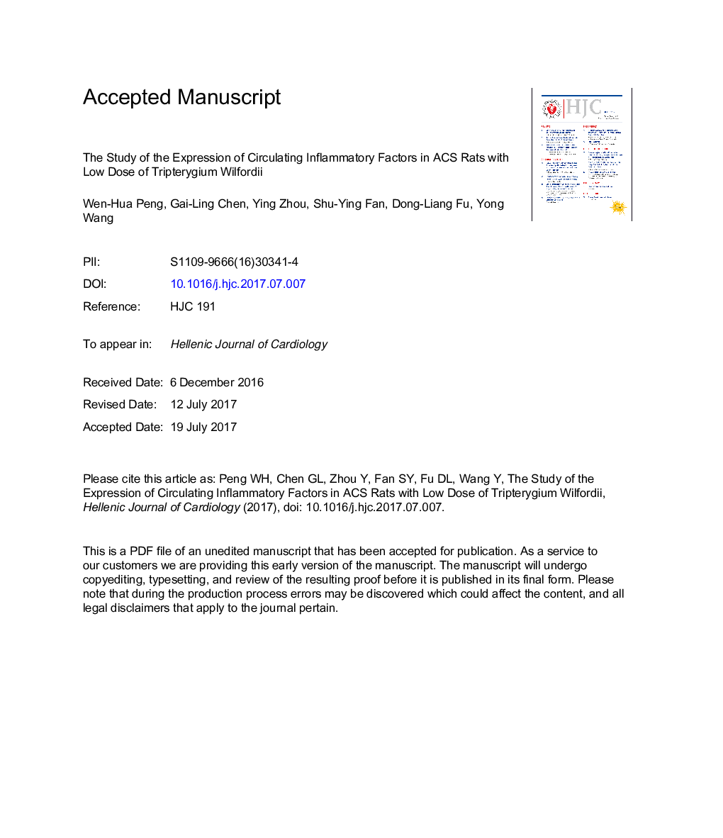 Study of expression of circulating inflammatory factors in ACS rats with low dose of Tripterygium Wilfordii