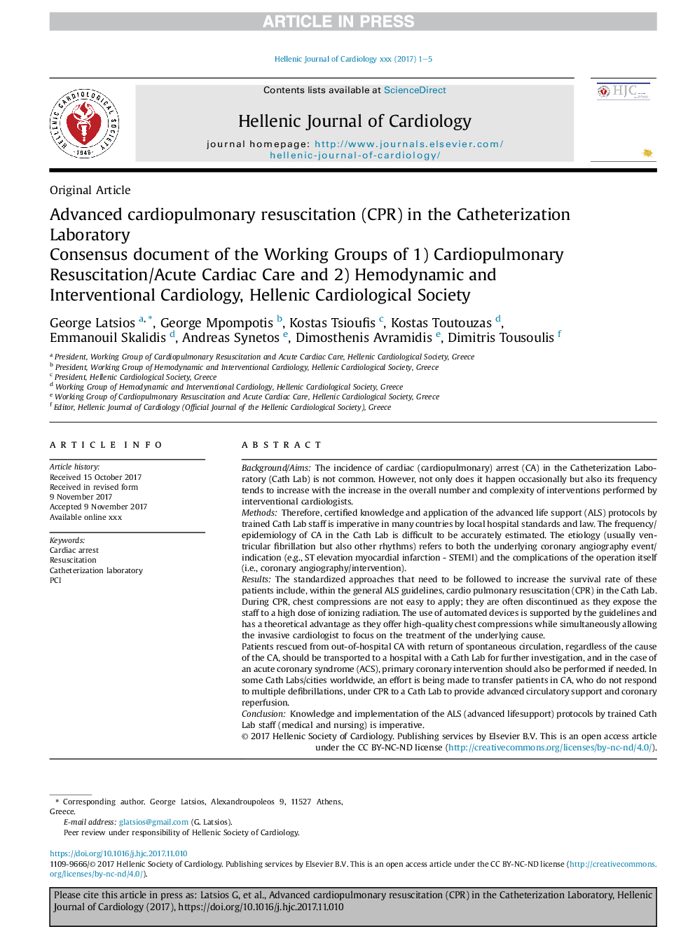 Advanced cardiopulmonary resuscitation (CPR) in the Catheterization Laboratory