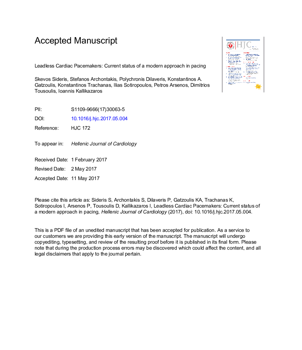 Leadless Cardiac Pacemakers: Current status of a modern approach in pacing