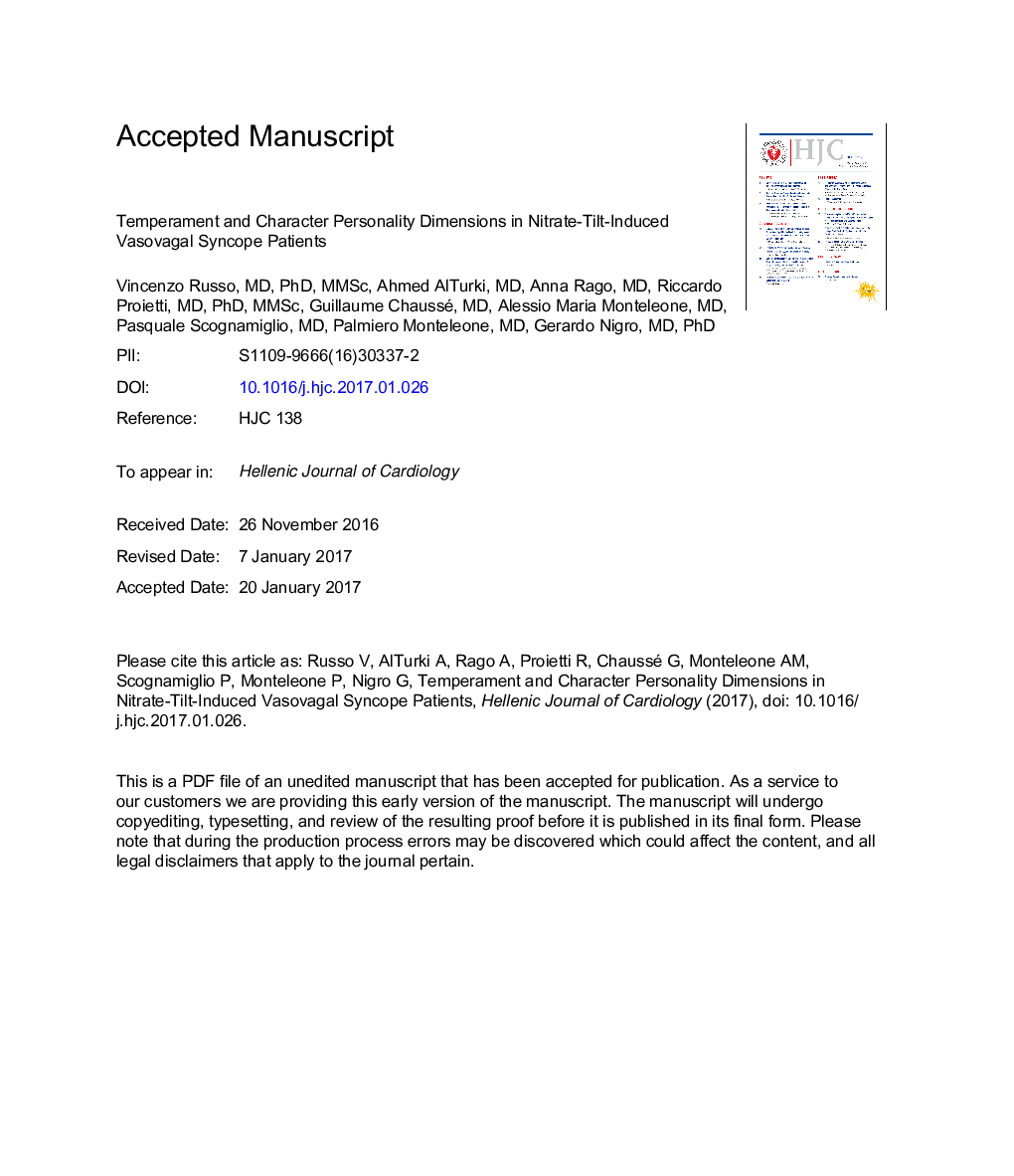 Temperament and character personality dimensions in nitrate-tilt-induced vasovagal syncope patients