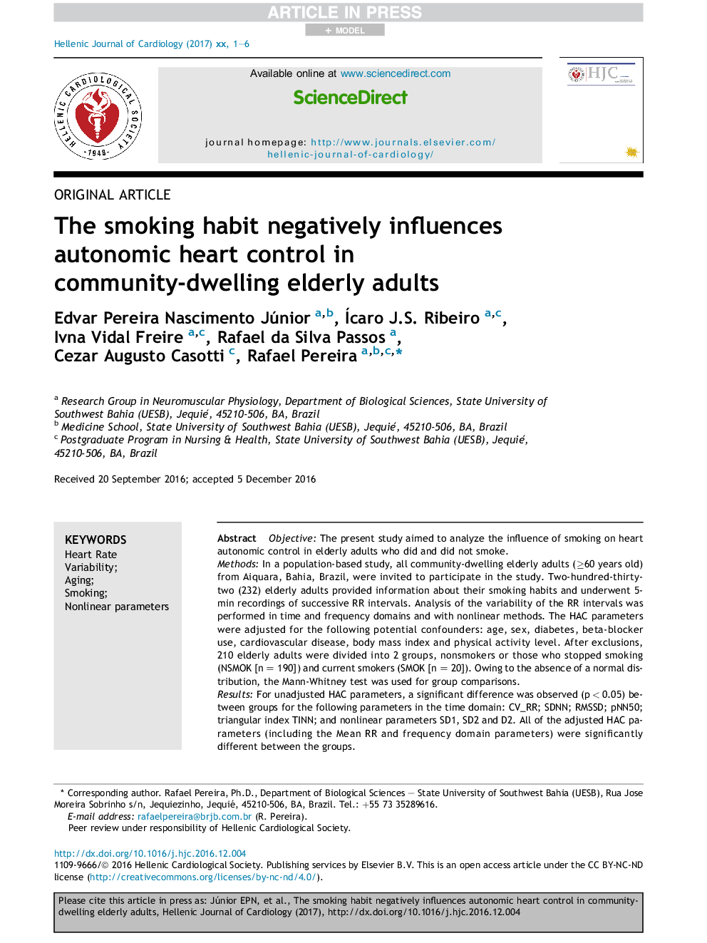 The smoking habit negatively influences autonomic heart control in community-dwelling elderly adults