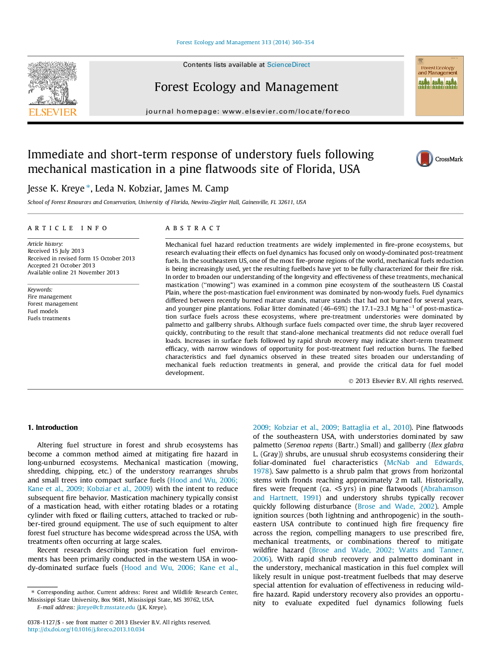 Immediate and short-term response of understory fuels following mechanical mastication in a pine flatwoods site of Florida, USA