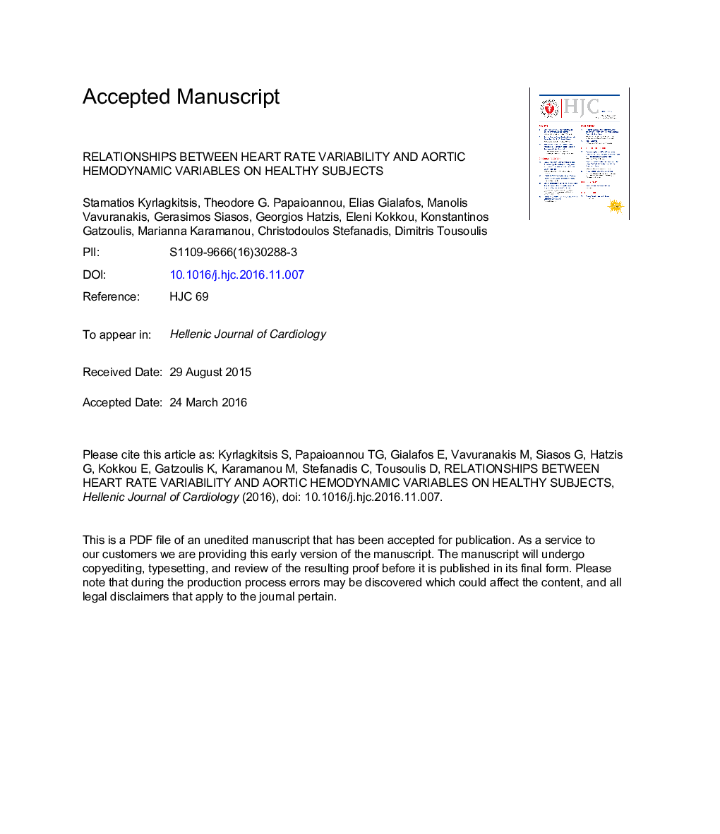 Relationships between heart rate variability and aortic hemodynamic variables in healthy subjects