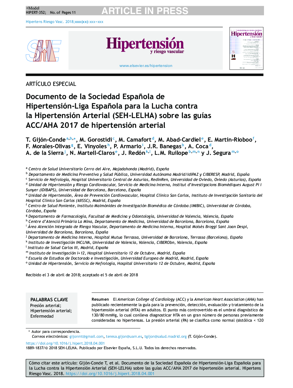 Documento de la Sociedad Española de Hipertensión-Liga Española para la Lucha contra la Hipertensión Arterial (SEH-LELHA) sobre las guÃ­as ACC/AHA 2017 de hipertensión arterial