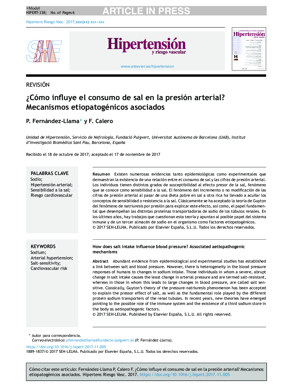 Â¿Cómo influye el consumo de sal en la presión arterial? Mecanismos etiopatogénicos asociados